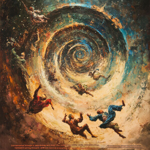 "Extraterrestrial beings tumbling through a swirling vortex repr...