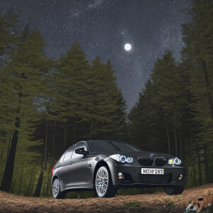 Black BMW f31 in the forest and a beagle in front, falling Stars...
