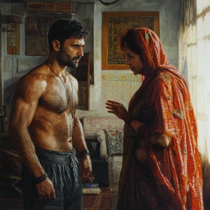 Realistic art 1:1,A muscular sweaty man talking to his 54 year o...