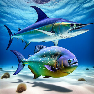 Purple lime piranha no teeth swimming with a blue marlin
