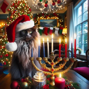 An grey Nebalung cat with a Santa hat sitting at a table beside...