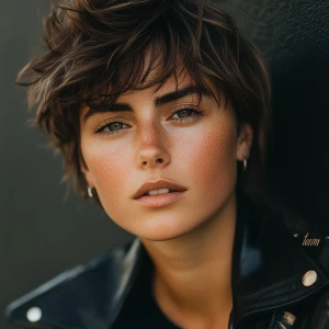 a woman, look to the camera, close up photo, Shaggy cut Hairstyl...