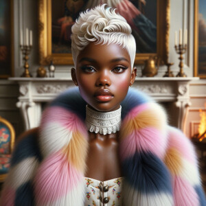 a full body veiw of a colorful gloss hyper realistic oil painting of a regal beautiful light skinned afro  American girlwith beautiful pixie cut one side of hair is black and the other side  of her hair white slick baby hair and furry white and pink and blue furry coat and outfit under the coat standing in living room with fireplace