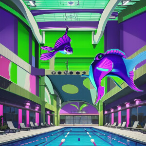 A Disney purple neon green piranha swimming in a community swimm...