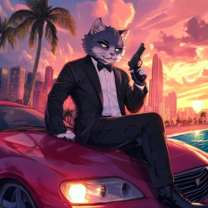 A humanoid cat character with sleek, silver fur, dressed in a st...