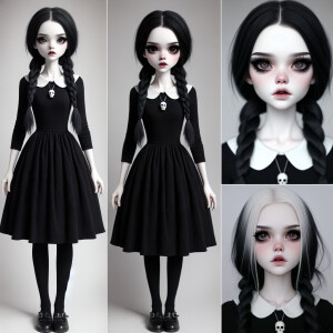 **Hair**: 
- Long, straight, jet-black hair.
- Typically styled...