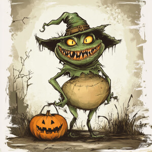 Retro Halloween cartoon. Vintage female swamp monster. Funny