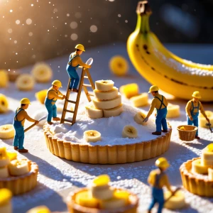 "A whimsical miniature world where tiny workers in yellow helmet...