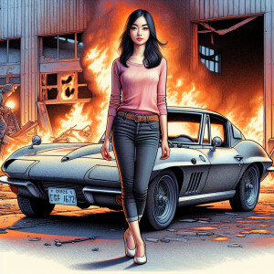 20 years girl with standing in front of burnt porsche 911 photor...
