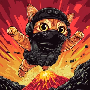 A wide-eyed ginger cat wearing a black tactical balaclava (or ma...
