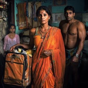 Art piece 1:1, a 54-year-old Gujarati housemaid wearing a bright...