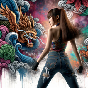 Attractive, Asian teenage girl, long brown hair and bangs, wearing tight skinny jeans and a halter top paint marks on her clothing, backside view heroic pose Asian graffiti