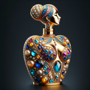 Create a 3-D realistic gold and  blue, colorful jewels perfume bottle
In the shape of a women’s body with the name Karen