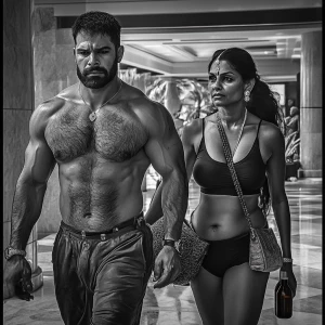 Realism,photo,A sweaty tattoed muscular man walking with his 46...