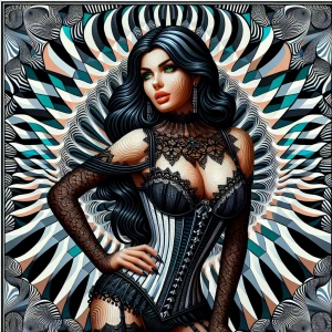 Create an image of an elegant, voluptuous woman with shiny black...
