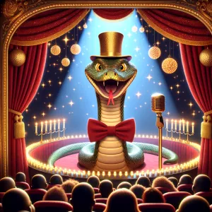 Visual Elements:

Central Object: A snake wearing a golden top...