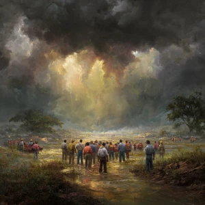 A dramatic and hopeful scene of Texas during a flood, heavy rain...