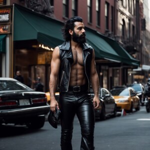 Man hairy chest black hair and beard with leather opened vest ti...