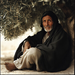 An arab elderly man sits under a large olive tree, wearing a tra...
