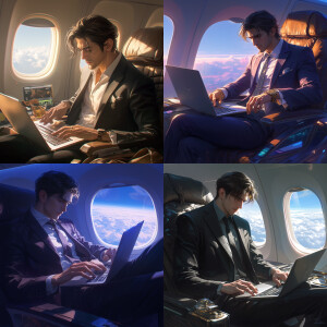 A young guy is sitting on a plane and working on a laptop, ordin...