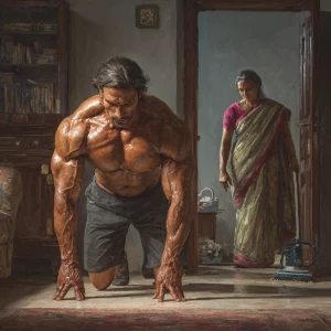 Hyperrealism digital painting ,a indian muscular beefy sweaty...