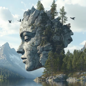 Create a 3D 8K UHD photorealistic image of a beautiful face formed by Rocky Mountain landscapes and wildlife scenes, with extreme professional detail and a homogenized, cohesive aesthetic.