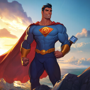 Image is a digital illustration featuring a superhero character...