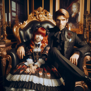 Lilith as a girl with elegant gothic lolita dress sit on the lap of handsome lucifer, the girl has red hair and golden eyes, thrones, blackand red elegant luxury background, Lucifer evil smirk, Obsession and Ownership,HD photography