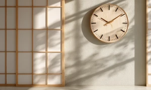 A peaceful Japanese tea room interior with a traditional wooden...