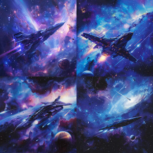 1. Background: A starfield or nebula with rich, deep blues and p...