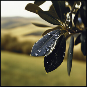 Close-up of Dew Drops: "A close-up shot of dew drops on olive tr...