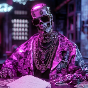 Cyborg's dressed in hip-hop clothing and half skull mask, wearin...