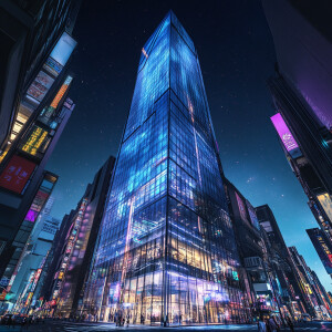 A towering glass skyscraper with sleek, angular design, illumina...