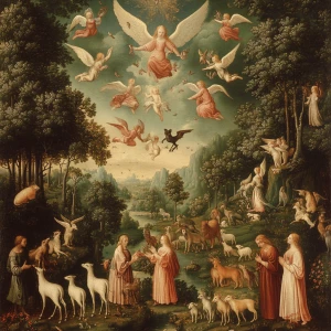 Create an image of a tranquil, celestial landscape in the style...