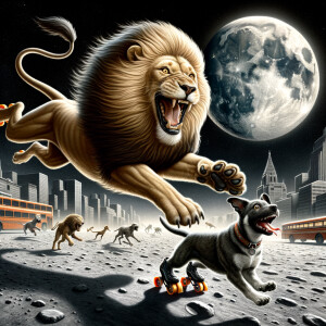 Lion on skates with big smile chasing a scared dog screaming on...