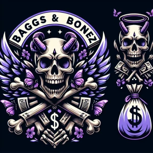 Death 
 logo with butterflies and purples(masterpiece, best quality),vicious extremely detailed, skull and bones and money everywhere, (detailed eyes)Make different shaped logos [Make sure image fits in space allowed] animated, influenced by horror elements, dressed in a oozing graffiti horns. utilizing a stylized dollar sign. elongated tongue should be playfully sticking out. Beneath the figure, incorporate in a old english unique, bold font that complements the edgy aesthetic, the words "BAGGS & BONEZ" FOR THE BRAND NAME ON THE LOGO.((best quality)), ((masterpiece)),  ,, (8k), RAW photo, best quality, ultra high res,( realistic), should have an exaggerated expression, with a long, protruding tongue.sharp features and large horns,