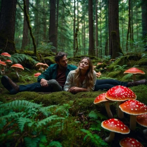 Create a cinematic image depicting a lush, vibrant green forest...