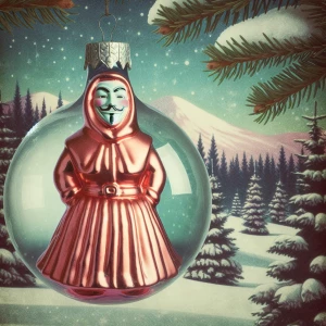 A photo of a 1950s kitsch blown glass Christmas ornament of a co...