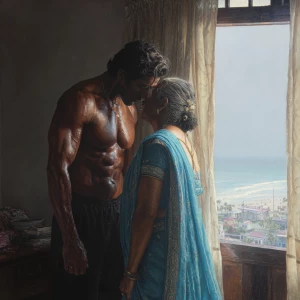 hyperrealism, painting.a muscular, sweaty Indian man standing in...