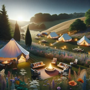 Glamping Bell Tent party. With a lounge area and fire pit. Set i...