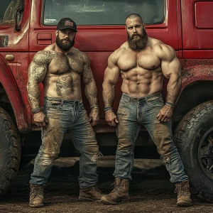 Two muscular men pose together in front of a red vehicle. They a...