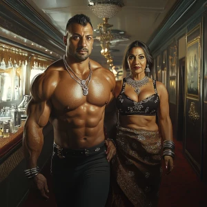 Photorealism,fantasy,a bodybuilder man ,walking with his 50 year...