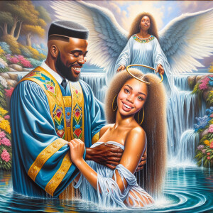 An oil painting depicting a light-skinned African-American pasto...