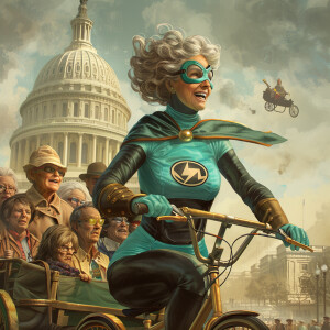 A woman with shoulder length brown with grey streaks that is of...