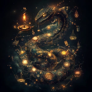 An intricately coiled serpent covered in esoteric and alchemical...