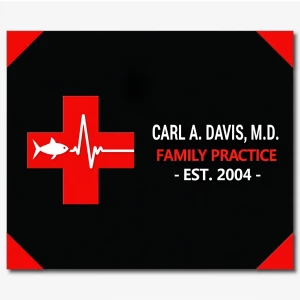 Design a professional medical sign with a black background, acce...