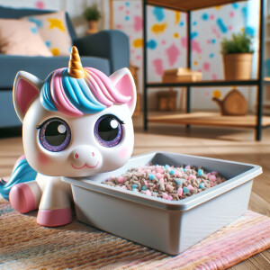 Cute unicorn looking into a cats litter box