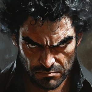 A man with black curly hair, medium amount of hair, large eyebro...