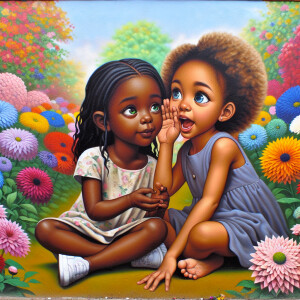 A wall painting of two little girls sitting together in a park f...