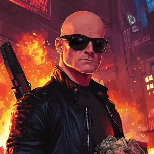 A bald man with a stern expression, wearing dark oval sunglasses...